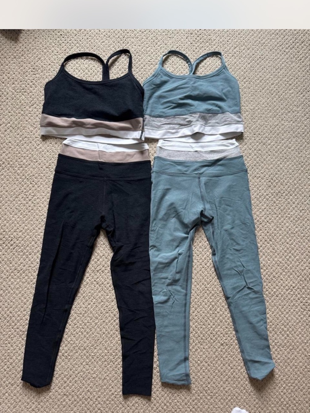 LIKE NEW 2 SETS OF Beyond Yoga Leggings & Bra Crop Sets — Black & Dusty Blue